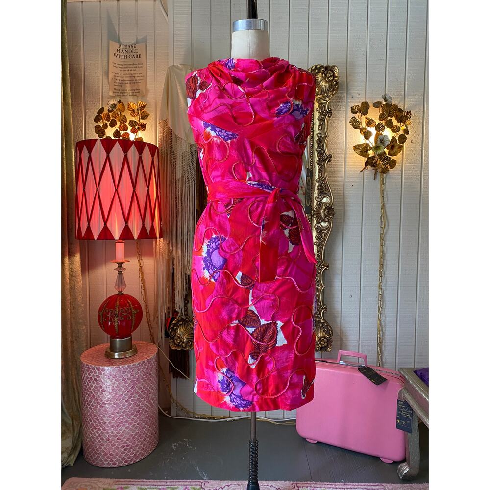 vintage 1960s magenta sheath dress cowl neck sequin 60s mod cocktail maisel med